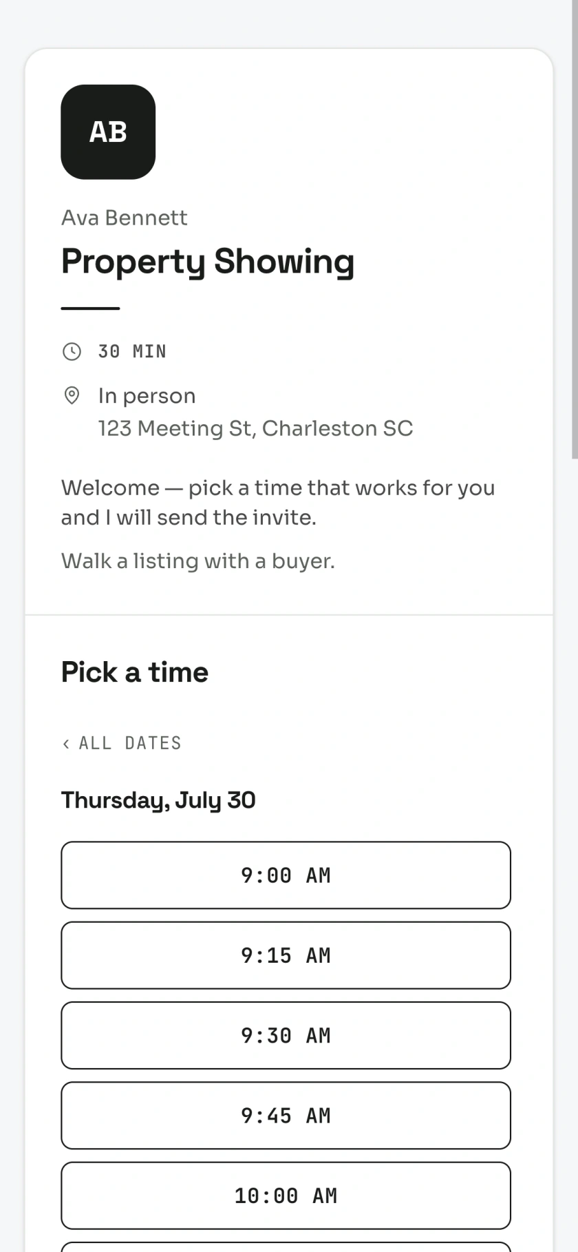 A Calenvite booking page on a phone: the host's name and photo, a 30-minute Property Showing, the address, and a list of open times starting at 9:00 AM.