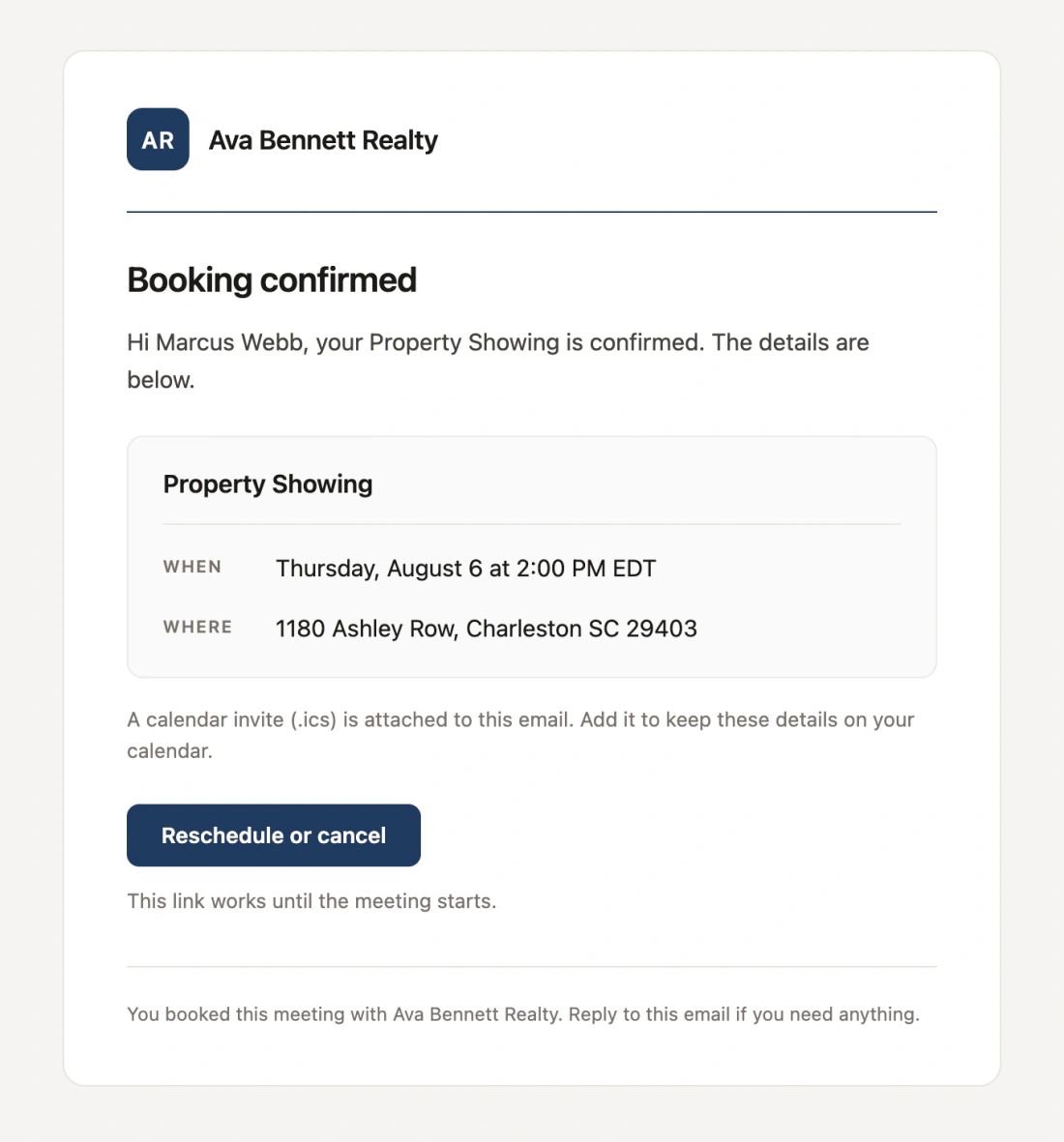 The confirmation email an invitee receives, carrying the host's own logo tile and brand color: Booking confirmed, with the meeting title, time, address, and a reschedule-or-cancel button.