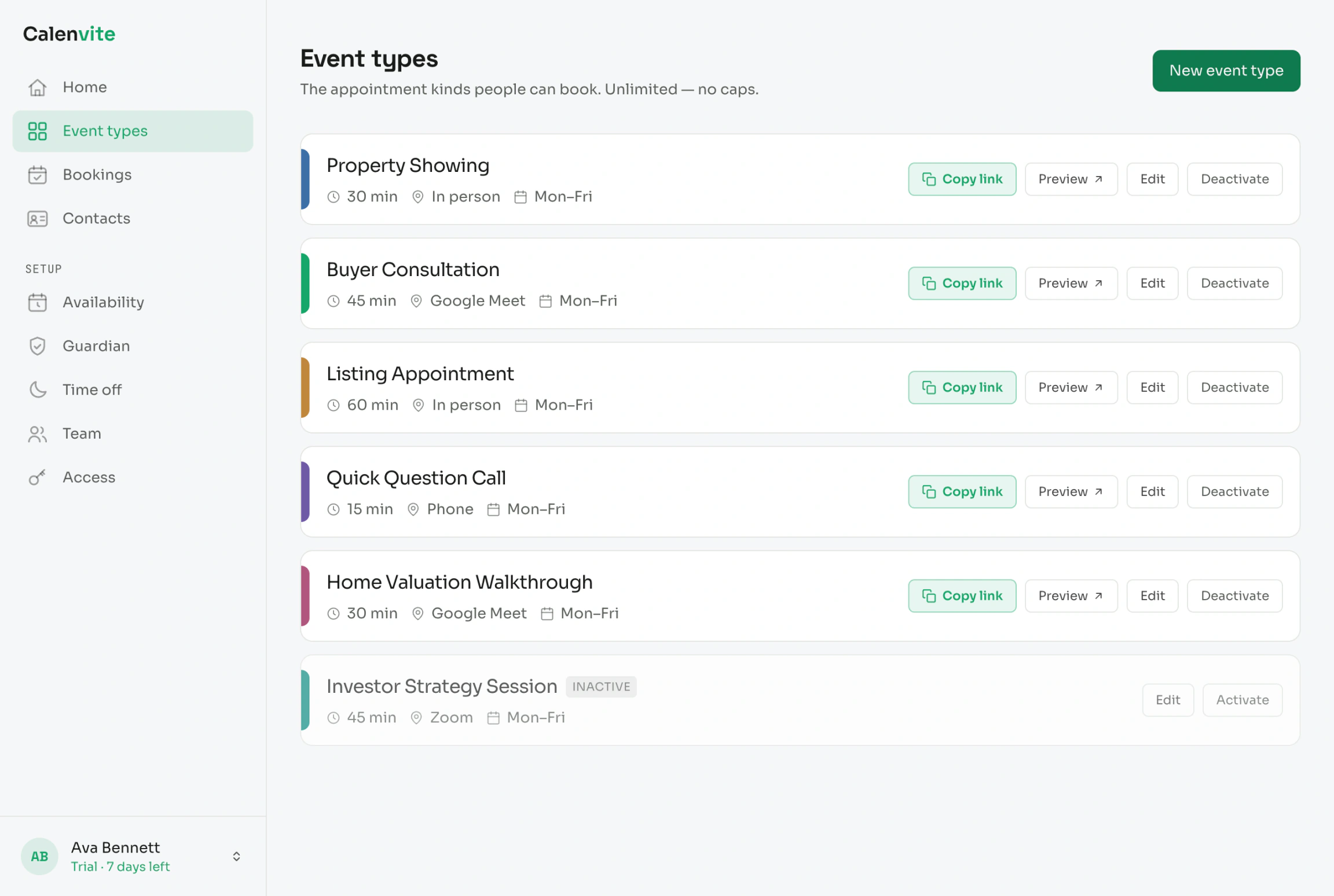 The Calenvite dashboard showing six event types — Property Showing, Buyer Consultation, Listing Appointment, Quick Question Call, Home Valuation Walkthrough and an inactive Investor Strategy Session — each with its duration, location and days.